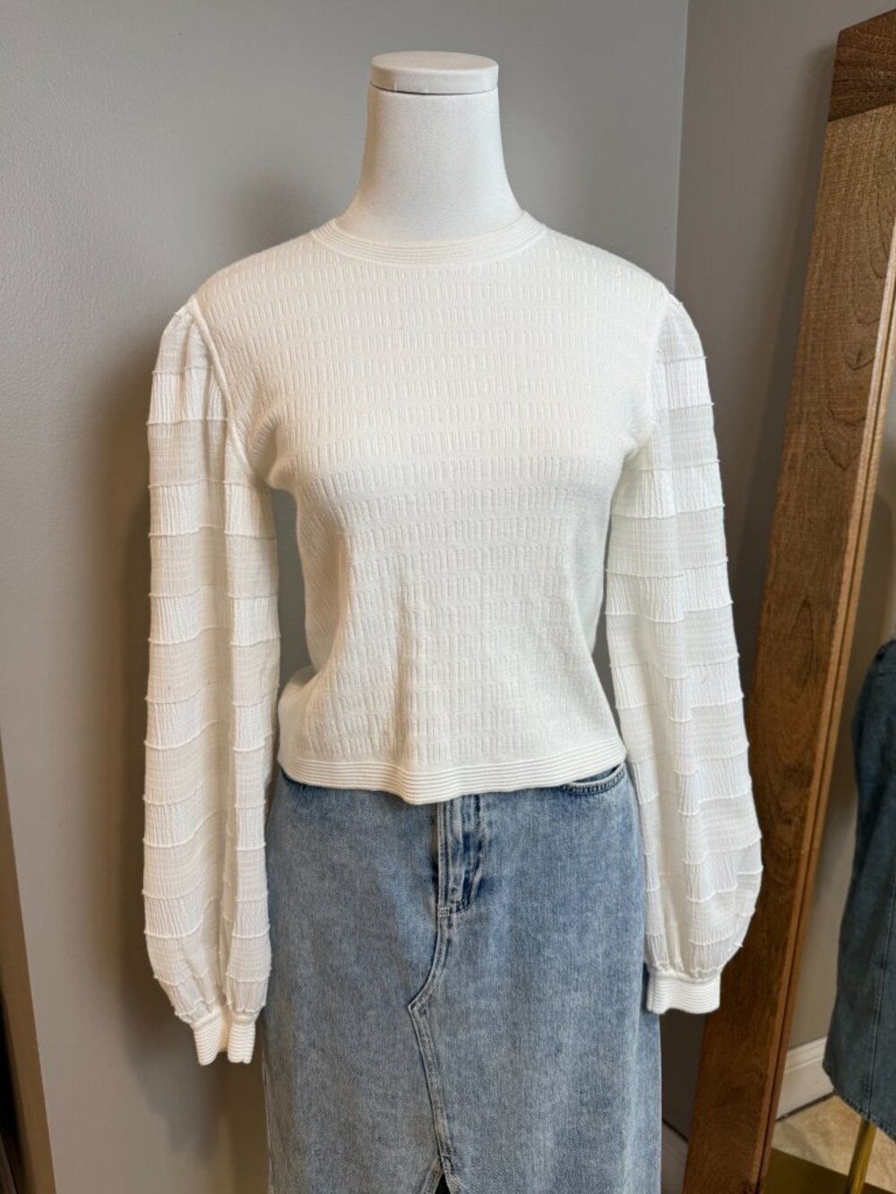 Club Monaco Cream Textured Knit Puff Sleeve Crewneck Top XS